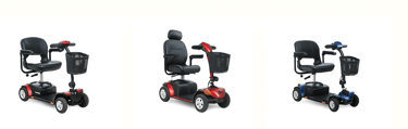 Three types of mobility scooters for rent: a compact travel scooter, a robust long-range model, and 