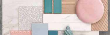 Interior design mood board with pastel pink and teal tiles, marble slabs, and textured wood panels.