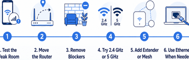 Step-by-step Wi-Fi dead zone troubleshooting path.