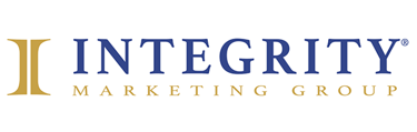 Integrity Marketing Group logo featuring a gold icon and blue serif typography on a white background.