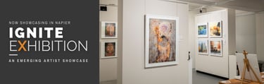 Ignite Exhibition banner at Art at Napier Gallery showcasing emerging artists.
