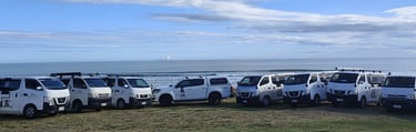 A group of JB Painting & Plastering vans parked in a row in front of the sea.