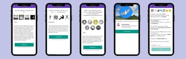 a screenshot of the different questions leading to the game character creation on the app