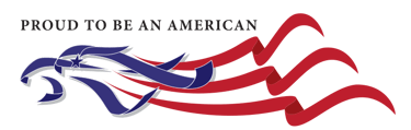 Logo featuring the phrase 'Proud to be an American' with an eagle and flag design.