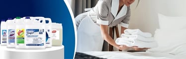 a maid is cleaning a bed with a towel and using various housekeeping and cleaning products