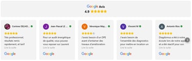 cinq avis Google avec rating global de 4.9 sur 5