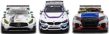 a group of three racing cars with the custom decals and branding ready to race