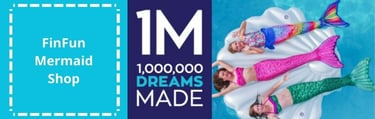 teenage girls in mermaid tails on a seashell floatie representing FinFun brand