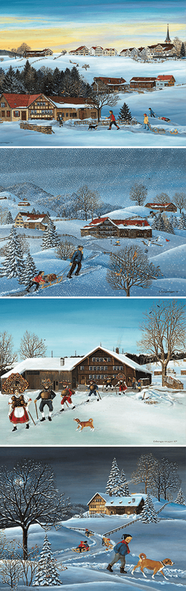 a series of four pictures of a winter scene