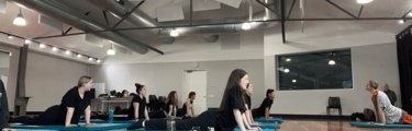 a group of people doing yoga exercises on their mats