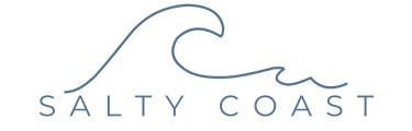 Minimalist Salty Coast logo featuring a blue ocean wave line art design above the brand name.