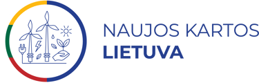 Naujos Kartos Lietuva logo featuring renewable energy icons like wind turbines and solar sun.
