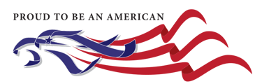 Logo featuring the phrase 'Proud to be an American' with an eagle and flag design.