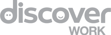 Discover Work logo featuring a lowercase font and smiling face icons on a black background.