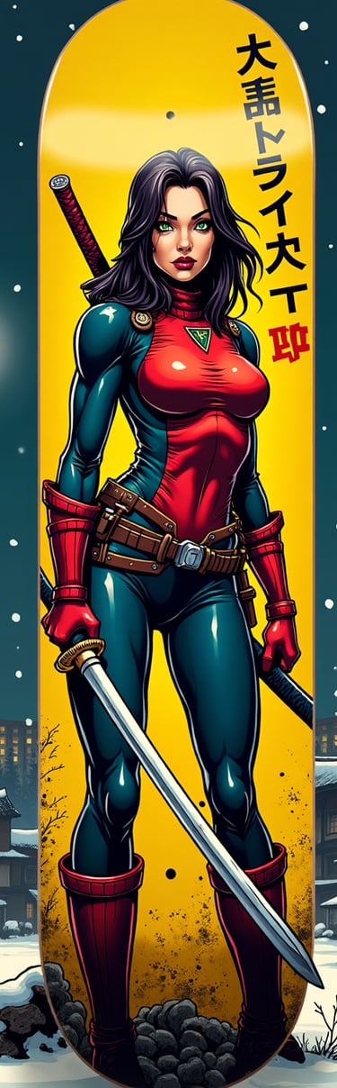 Custom skateboard deck art featuring a female samurai warrior in a snowy Japanese village under a full moon.