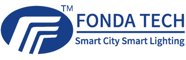 Fonda Tech logo featuring an blue oval icon with the slogan Smart City Smart Lighting.