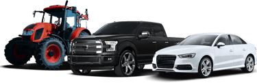 A red farm tractor, a black pickup truck, and a white sedan car isolated on a black background.