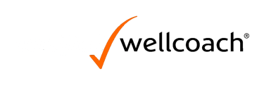 Official Wellcoach logo featuring black lowercase text and an orange checkmark icon.