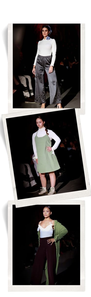 Three polaroid-style photos of models presenting different outfits on a fashion runway.