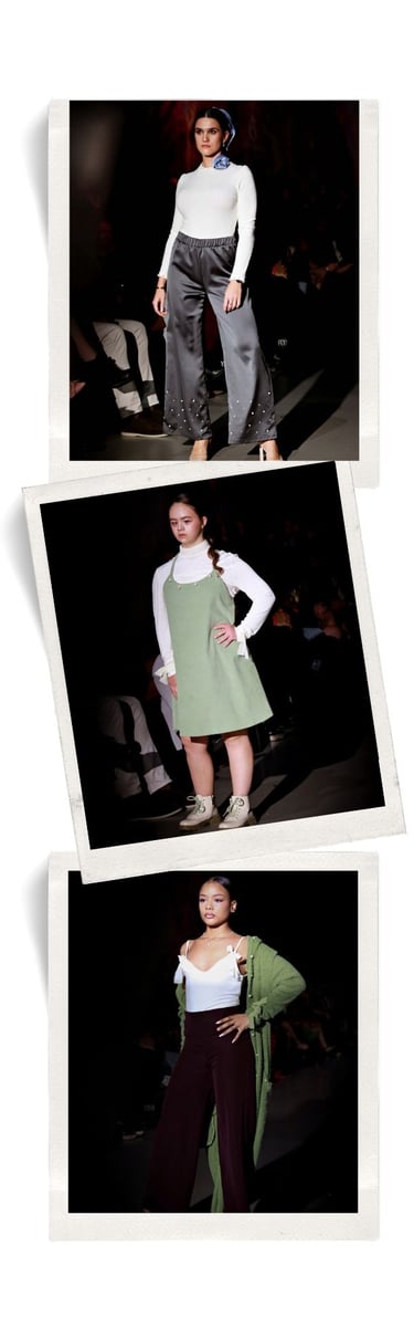 Three polaroid-style photos of models presenting different outfits on a fashion runway.