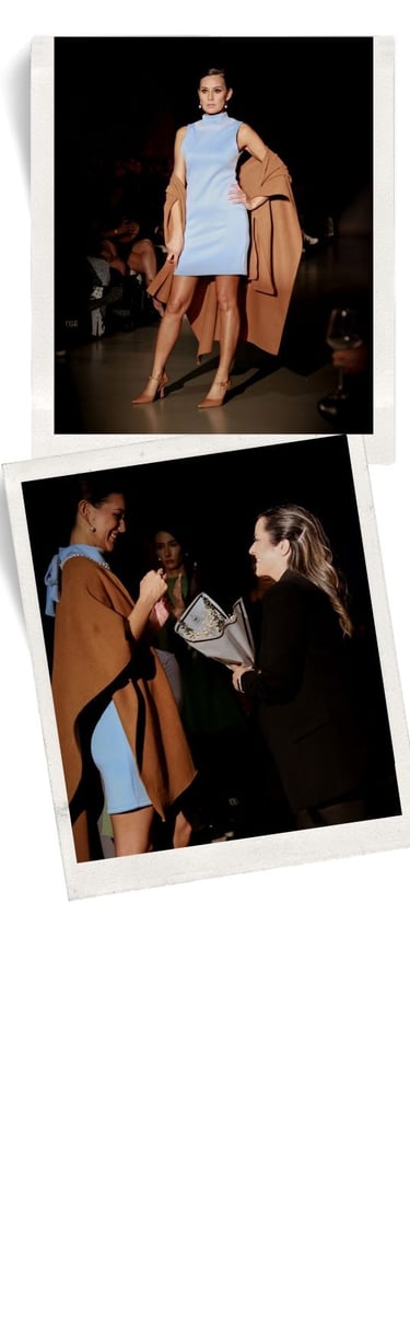 Two polaroid-style photos of models presenting different outfits on a fashion runway.