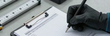 Close overhead shot of a technician's gloved hands marking a structured assessment form on a clipboard, industrial facility floor visible in background, cool diffused daylight, precision instruments and measuring tools arranged beside the form on a grey concrete surface