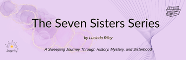 The Seven Sisters Series, light purple background with soft gold sparkles, abstract floral textures,