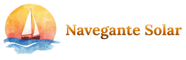Watercolor sailboat logo with a golden sun and waves next to Navegante Solar text on a black background.