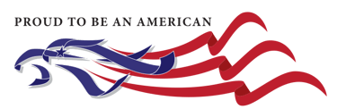 Logo featuring the phrase 'Proud to be an American' with an eagle and flag design.