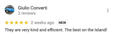 A five-star Google review from Giulio Converti praising kind and efficient customer service.