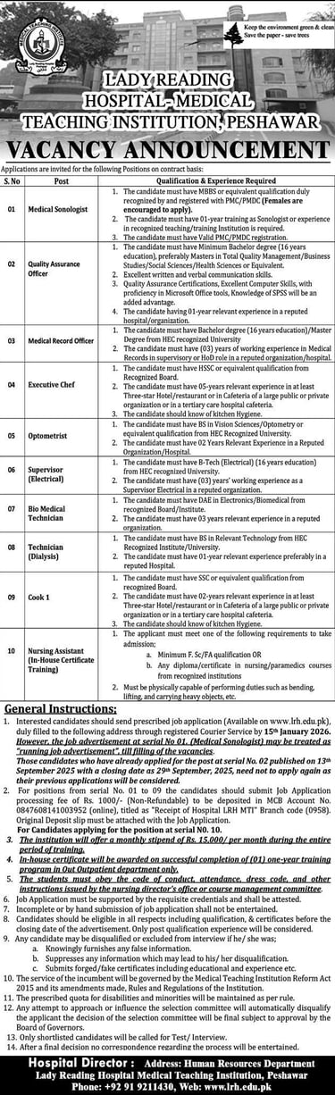 Lady Reading Hospital MTI Peshawar jobs medical sonologist quality assurance officer technician nurs