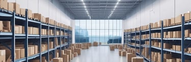 A professional warehouse with organized shelves and workers managing inventory efficiently.
