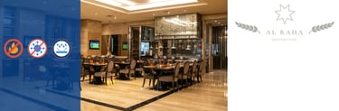 Elegant hotel dining room by Al Raha featuring fire-safe and anti-viral restaurant surfaces.