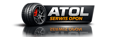 Atol Serwis Opon logo featuring a car wheel with performance tire and red brake caliper on a black background.