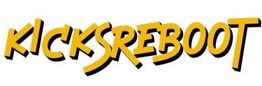 KicksReboot logo, yellow and black lettering on transparent background