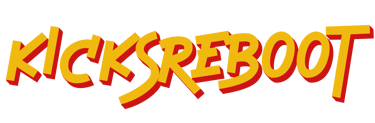 KicksReboot logo, yellow and red lettering on transparent background