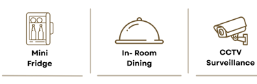 Gold line icons representing hotel amenities including a minibar, room service cloche, and security camera.