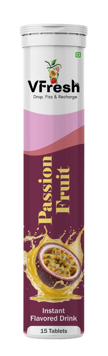VFresh passion fruit flavored instant drink effervescent tablets in a 15-count cylindrical tube.