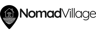 Logotipo de NomadVillage con pin de ubicación, casa con Wi-Fi y base de tierra.