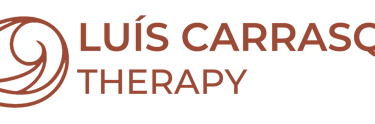 An infinity symbol with added spiral and comma shapes, text says Luís Carrasqueiro Therapy