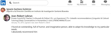 LinkedIn recommendation for Jean-Robert Lebrun, an experienced French and FLE teacher providing linguistic tutoring.