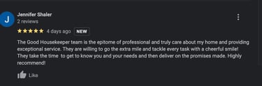 5 star review for the good housekeeper, a cleaning company