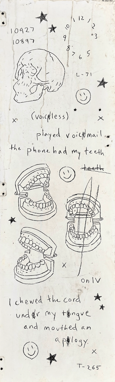 Rough painting on wooden panel of a skull dental molds smiley faces stars codes and cryptic text