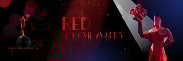 a red statue of a woman holding a rose
