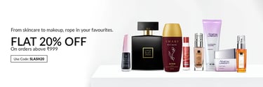 Avon beauty products banner featuring perfumes, skincare, and makeup with a 20% discount offer.