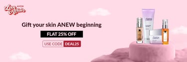 Avon Anew skincare products on a pink platform with a 25 percent off discount code banner.