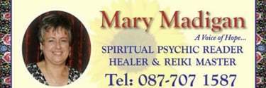 Mary Madigan logo showing words for spiritual psychic reader healer and reiki master