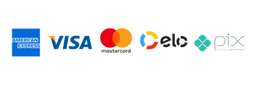 bandeiras de pagamento aceitas como Master Card, Visa, Elo, Pix, American Express