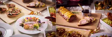 ホテルアゴーラリージェンシー大阪堺のザ・ループで提供されるクリスマスディナービュッフェの料理盛り付け例とリース仕立てのサラダやパイ包み焼きの皿盛り|堺市のグルメ情報ならサカイタイムズ