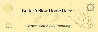 Elegant butter yellow home decor banner featuring gold accents, feathers, and stylish typography.
